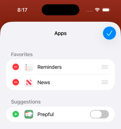 Tapping the green plus to add Prepful to the iPhone share sheet