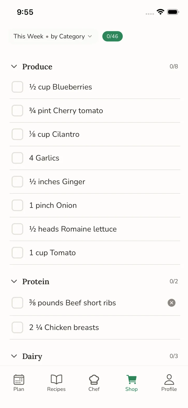 Shopping list grouped by aisle with combined quantities